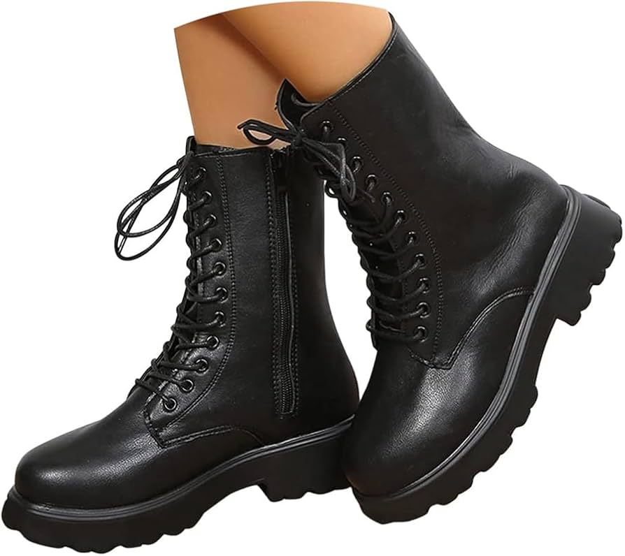 schwarze-boots-196gwf-1.jpg Minetom Damen PU Stiefeletten Boots Frauen Klassische Schnürstiefel Einfarbige Boots Kurzschaft Stiefel : Amazon.de: Fashion – Bild 1