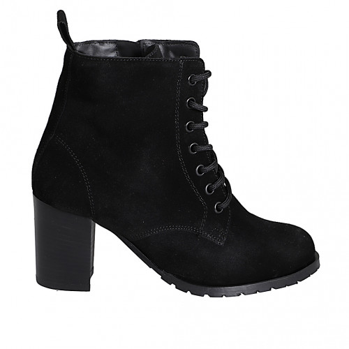stiefeletten-mit-absatz-115dis-1.jpg Damen Schnürstiefelette mit innen Reißverschluss und runder Spitze aus schwarzem Wildleder mit Absatz 7 – Bild 1